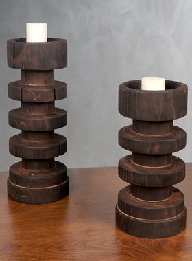 新中式创意侘寂风做旧木烛台摆件样板间酒店餐厅客厅茶几桌面摆设
