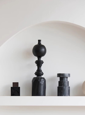 侘寂风新中式几何黑色木质创意摆件办公室客厅玄关边柜茶几装饰品