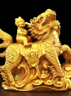 纯黄铜麒麟摆件全铜的卧室麒麟送子一对儿女家居装饰工艺礼品摆饰