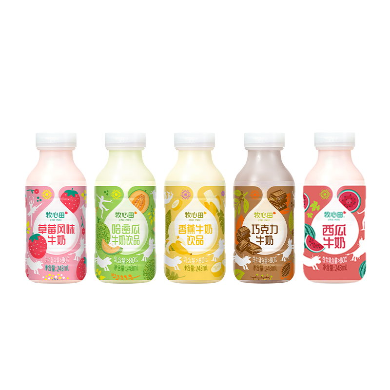 牧心田牛奶低温乳制品巧克力风味草莓哈密瓜香蕉果味饮品243ml