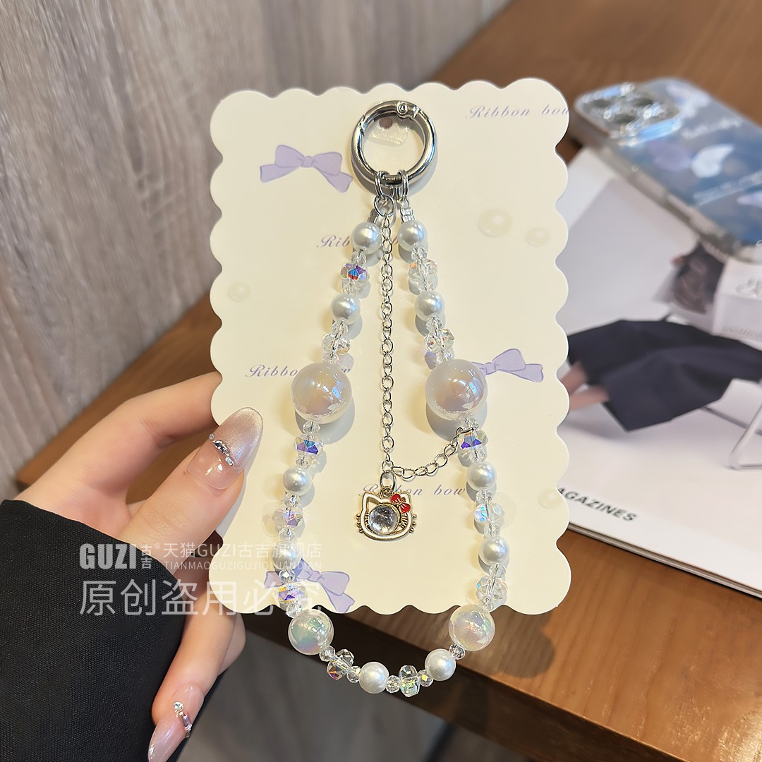 萌系kt猫吊坠手机挂链少女心水晶珍珠串珠短款手腕式手提链链条装饰精致高级感手机链轻奢小众手机壳带夹片女 - 图1