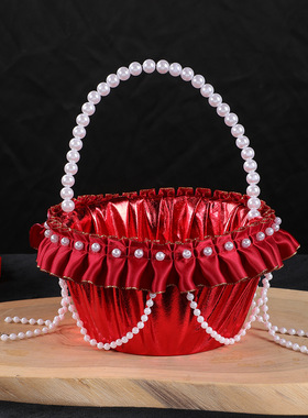 欧式婚礼花篮婚庆花童撒花喜篮中式红色喜庆水果篮珍珠提手小篮子