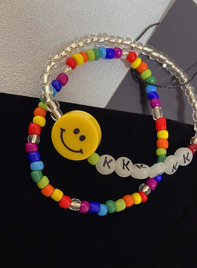 GD权志龙同款手工串珠笑脸手链男女韩版字母彩虹手饰情侣时尚配饰