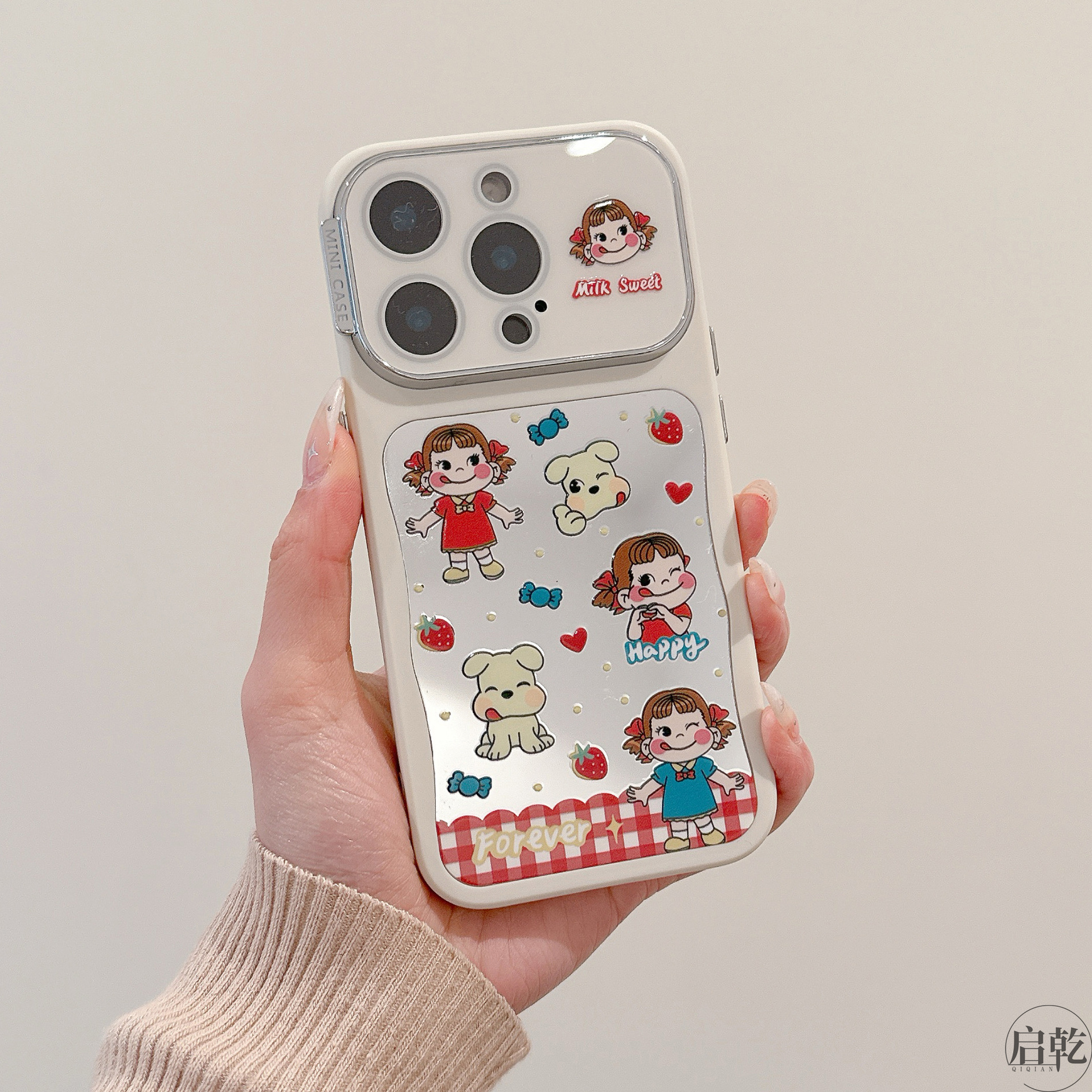 启乾 镜面格纹不二家女孩iPhone16/15手机壳适用苹果14/13promax自带镜头膜软壳少女心可爱卡通新款镜子全包