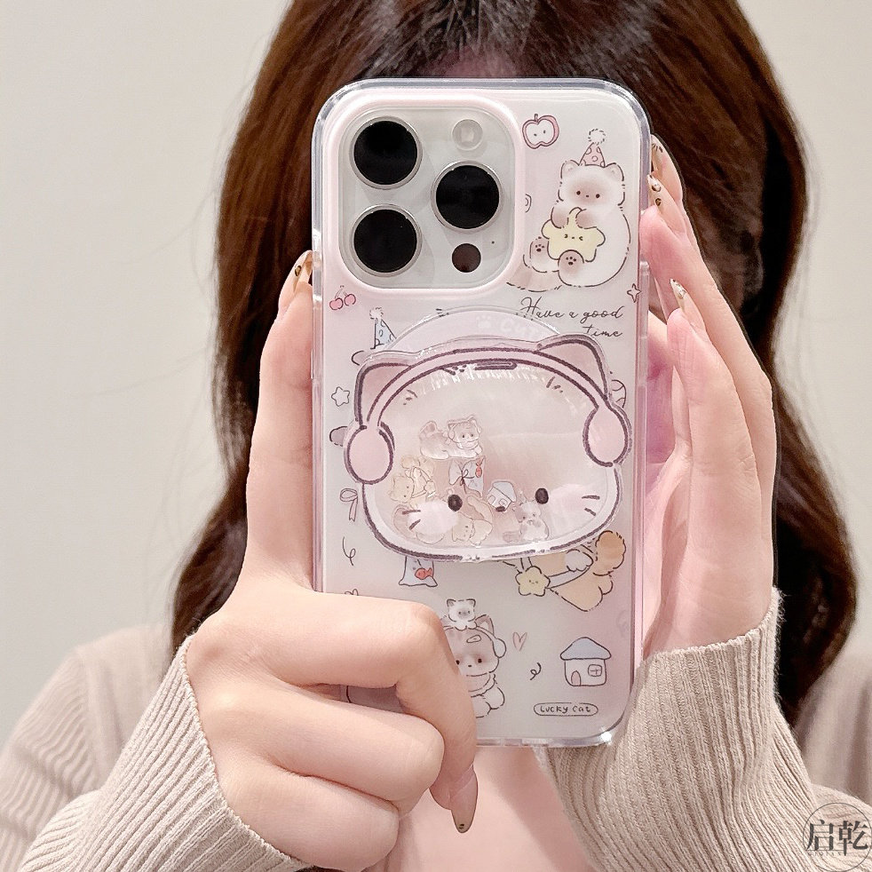 启乾 磁吸壳耳机猫咪狗狗摇摇乐支架iPhone16/15手机壳适用苹果14/13promax双层硬壳少女心可爱卡通新款情侣