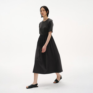 【播奥莱】播圆领棉麻短袖连衣裙女25夏季黑色收腰长裙DDS2LD5023