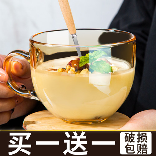 琥珀金燕麦早餐杯子玻璃杯水杯家用牛奶咖啡杯带盖勺碗碟家庭套装 - 图2