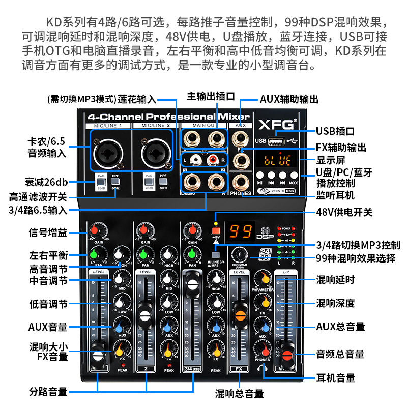 XFG 专业小型调音台家用KTV蓝牙DSP混响K歌手机电脑直播录音迷你 - 图2