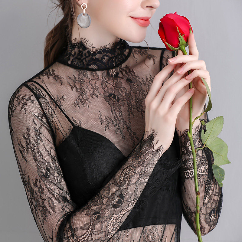 透明白色网纱薄纱长袖性感打底衫 温娴蕾丝衫/雪纺衫