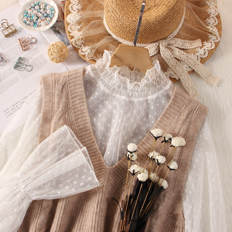 木耳边高领蕾丝波点内搭薄款打底衫 温娴蕾丝衫/雪纺衫