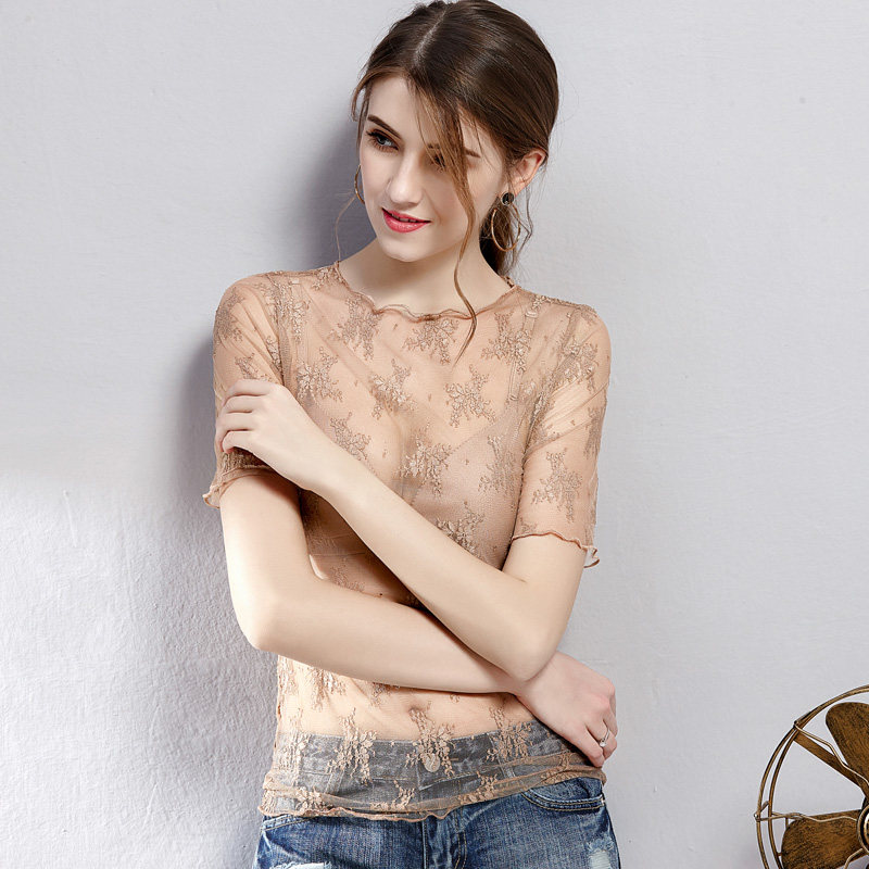 透视黑色蕾丝女夏短袖性感打底衫 温娴蕾丝衫/雪纺衫