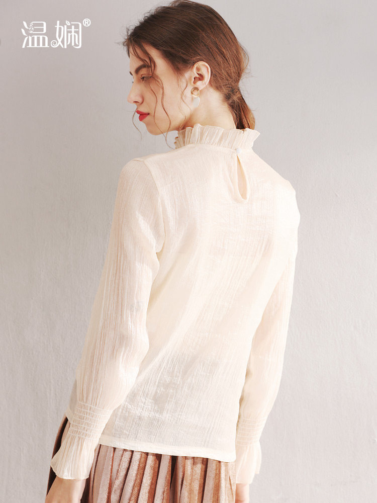 压褶木耳边女长袖内搭性感雪纺衫 温娴蕾丝衫/雪纺衫