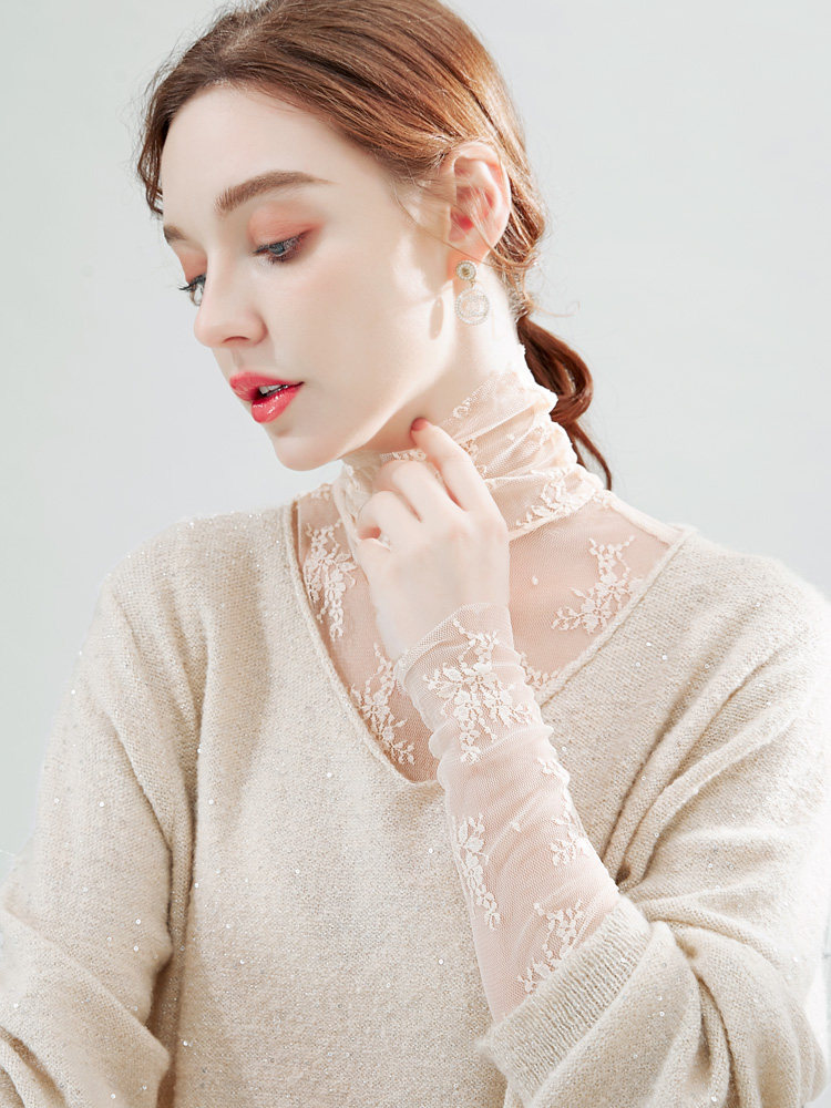 欧洲站气质高领蕾丝打底衫秋冬毛衣 温娴蕾丝衫/雪纺衫