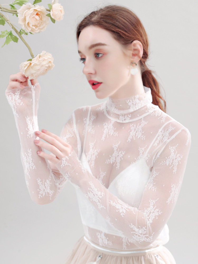 透视高领蕾丝女新款沙t性感打底衫 温娴蕾丝衫/雪纺衫