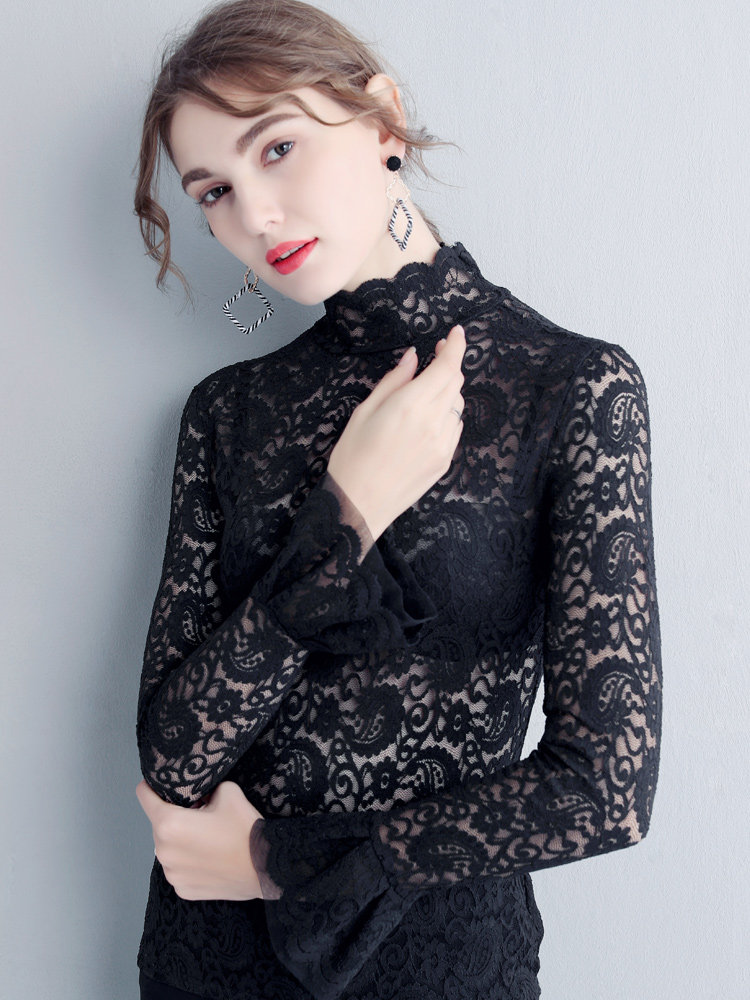 白色高领蕾丝女秋透明洋气小衫内搭 温娴T恤