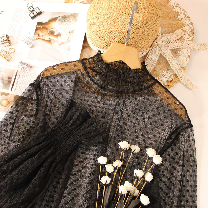 复古透视高领波点蕾丝女性感打底衫 温娴蕾丝衫/雪纺衫