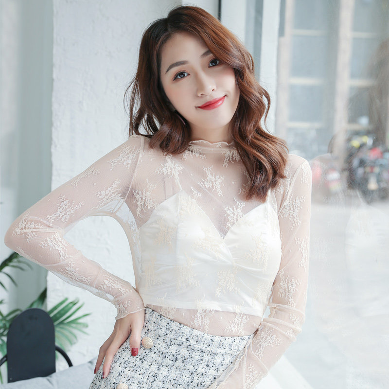 白色蕾丝女长袖内搭洋气钩花打底衫 温娴蕾丝衫/雪纺衫