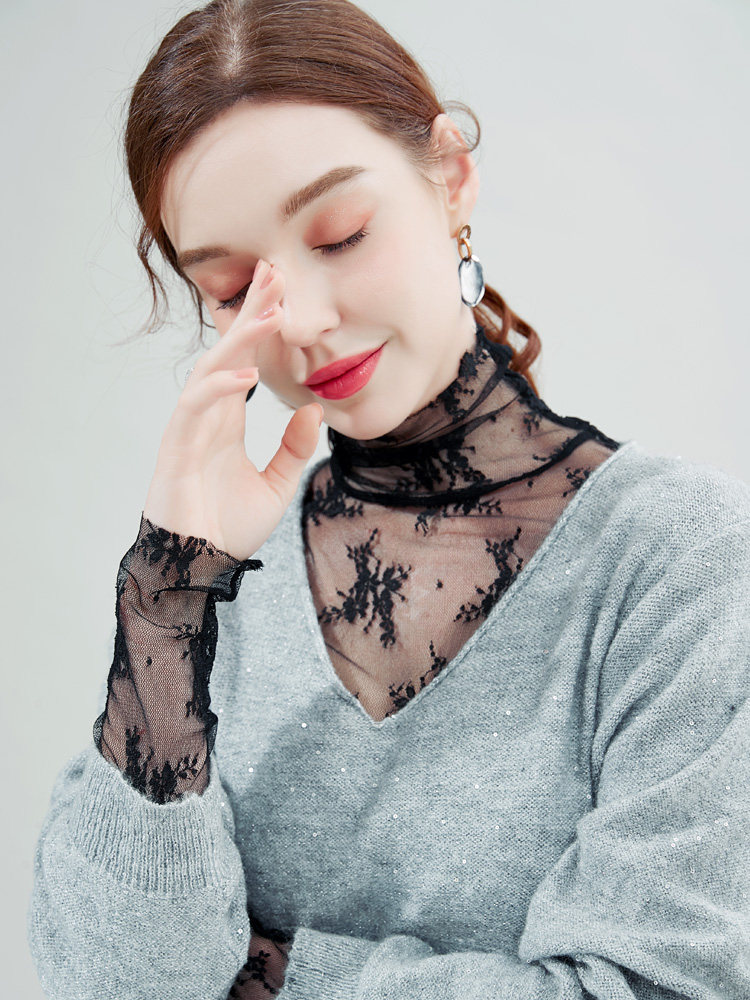 透视高领蕾丝女新款沙t性感打底衫 温娴蕾丝衫/雪纺衫