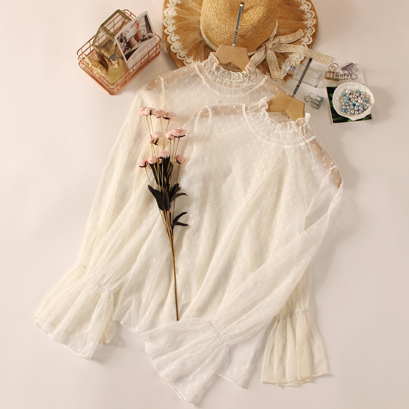 木耳边高领蕾丝波点内搭薄款打底衫 温娴蕾丝衫/雪纺衫