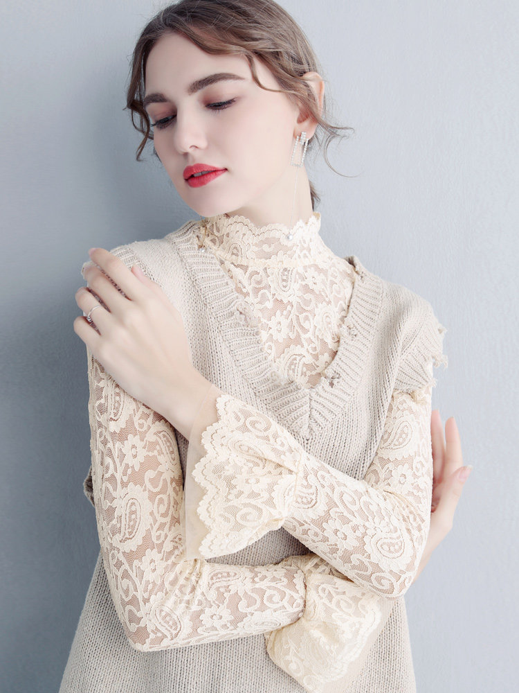 白色高领蕾丝女秋透明洋气小衫内搭 温娴T恤