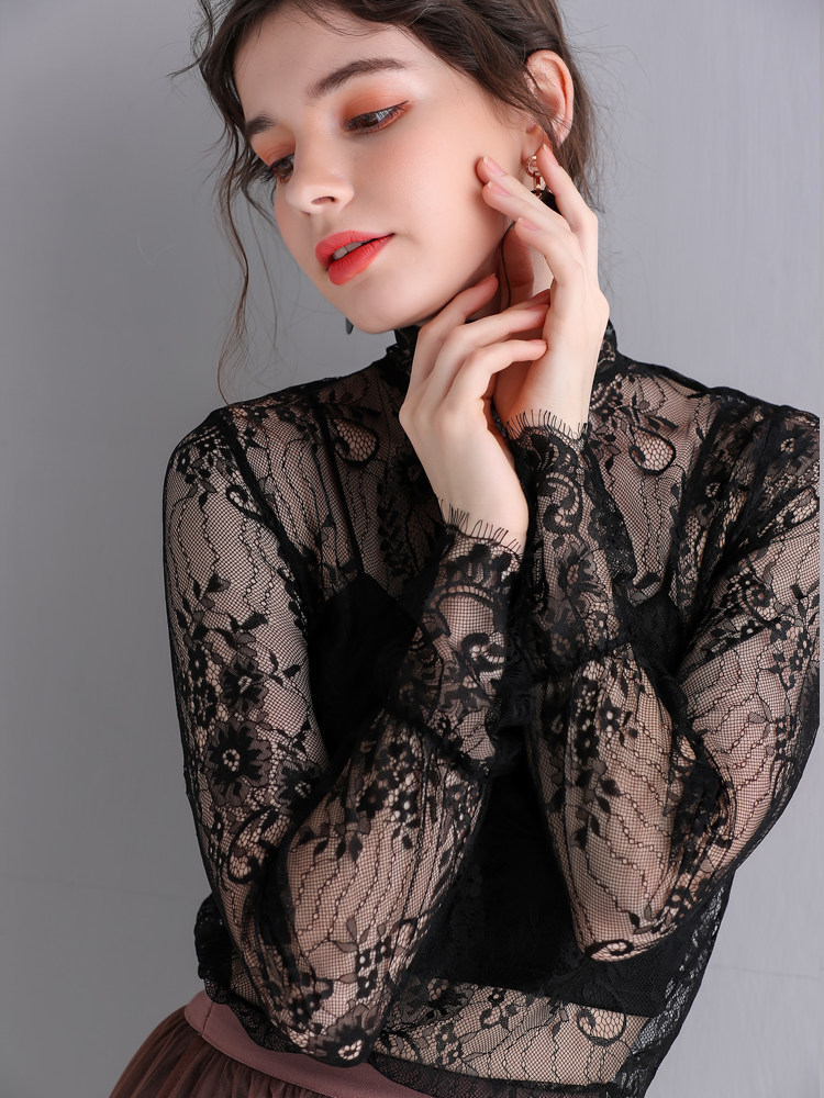 透视白色蕾丝高领精致神仙打底衫 温娴蕾丝衫/雪纺衫