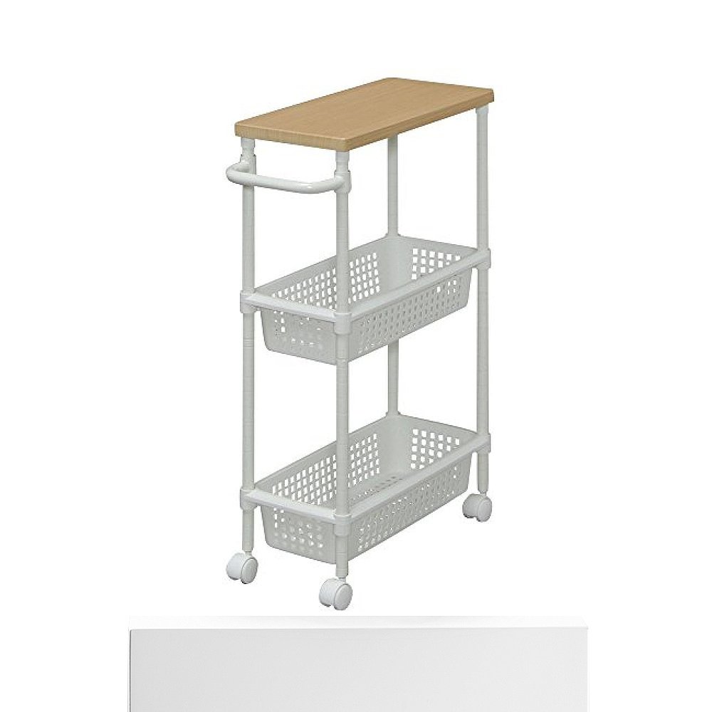 天猫国际日本直购日本直邮爱丽思欧雅玛 3层调味架储物车金属杆木顶板带把手22cm白3