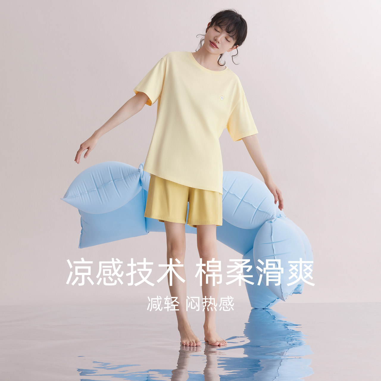 凉感纯棉情侣夏季女短袖红豆薄睡衣 红豆居家outlets店睡衣/家居服套装