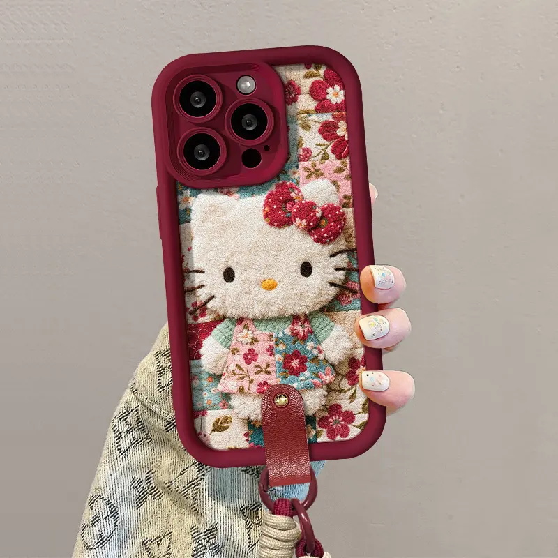 酒红碎花KT猫适用苹果17PROMAX手机壳iPhone16/15秋冬新款华为PURA80闺蜜MATE60PRO卡通RENO14全包VIVOS30INS - 图2