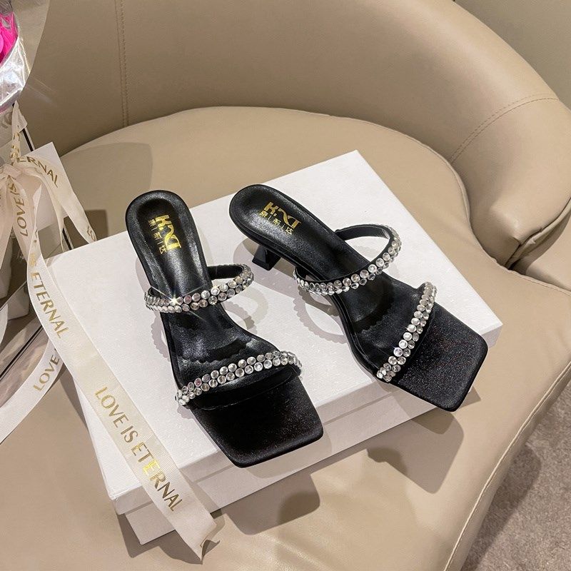 2023年夏新款方头黑色水钻一字带凉鞋女5cm猫跟T细跟高跟凉拖外穿,淘宝优惠券,粉丝福利购,淘宝优惠卷