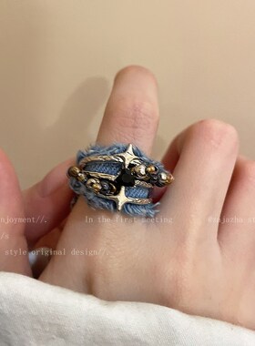 牛仔布艺芒星戒指女秋冬潮酷开口可调节指环M时尚个性情侣款食指