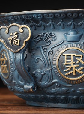 全铜聚宝盆摆件招财中式工艺v品家居客厅前台桌面装饰店铺开业礼
