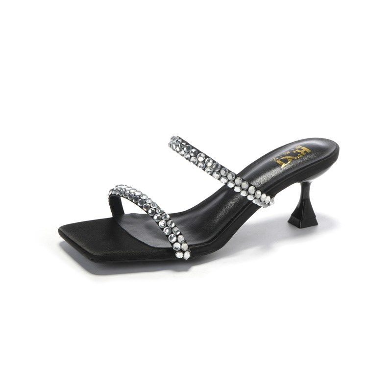 2023年夏新款方头黑色水钻一字带凉鞋女5cm猫跟T细跟高跟凉拖外穿,淘宝优惠券,粉丝福利购,淘宝优惠卷