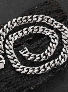 欧美嘻哈项链珠宝扣不锈钢圆磨加密古巴链N钛钢男士项链饰品