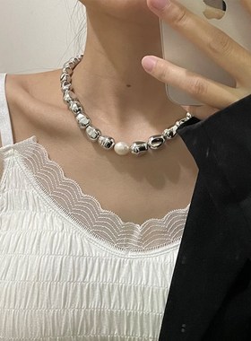 日韩轻奢银色不规则串珠项链女小众气E质珍珠锁骨链2022年新款颈