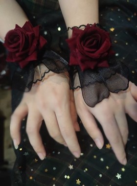 手袖甜妹舞蹈女可爱配饰蝴蝶结酒红色玫瑰花手饰网纱袖套