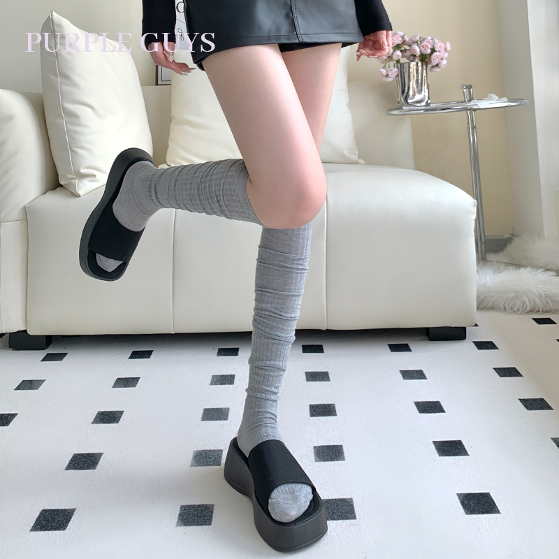 purpleguys竖条纹灰色长筒袜子女薄款ins潮芭蕾风过膝小腿堆堆袜,淘宝优惠券,粉丝福利购,淘宝优惠卷