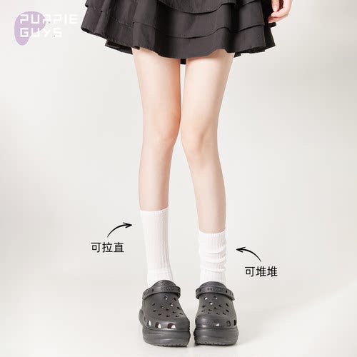 purpleguys灰色中筒袜子女春夏薄款纯棉网眼透气jk拼接小腿堆堆袜 - 图1