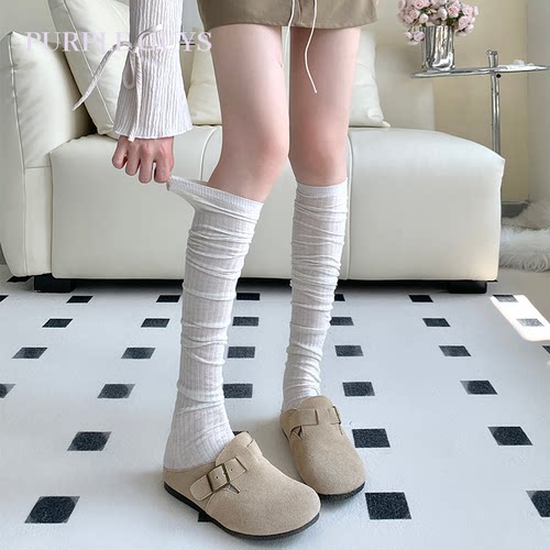 purpleguys竖条纹堆堆袜子女薄款miu系芭蕾风日系过膝长筒小腿袜 - 图1
