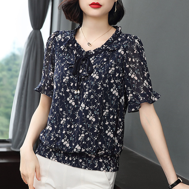 碎花短袖2020年夏季新款洋气雪纺衫 贝玲萝蕾丝衫/雪纺衫