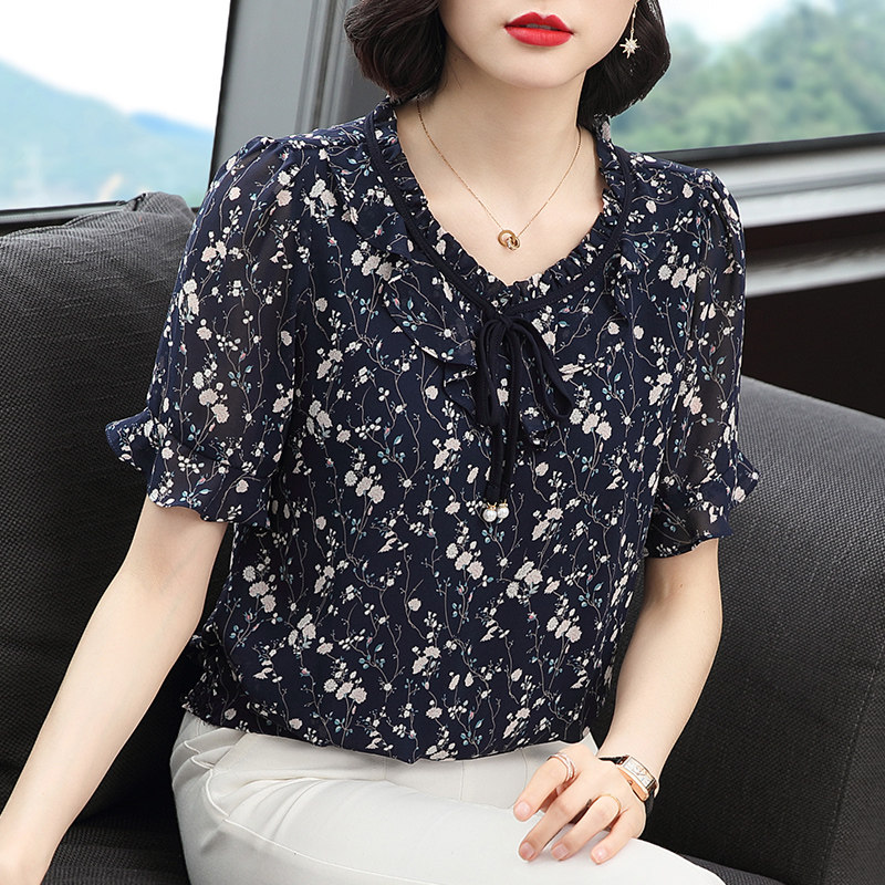 碎花短袖2020年夏季新款洋气雪纺衫 贝玲萝蕾丝衫/雪纺衫