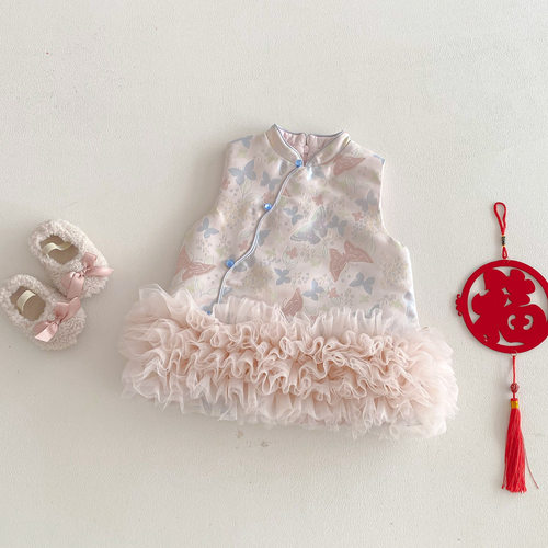 女童连衣裙新中式旗袍粉色背心公主裙女宝宝周岁礼服拜年服套装裙 - 图2