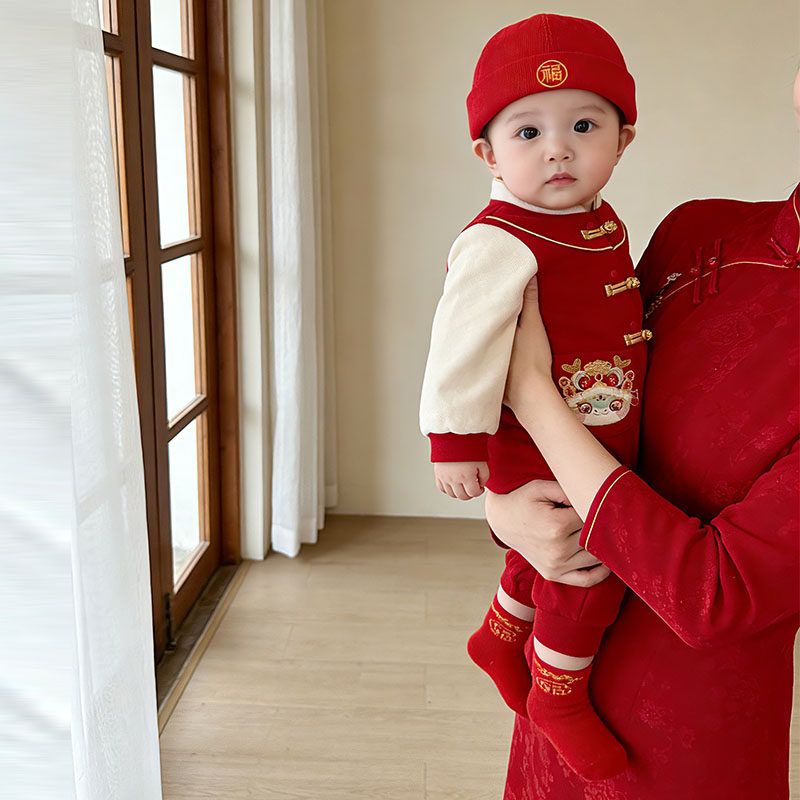 婴儿衣服2026春装中国风红色连体衣喜庆男宝周岁礼服拜年服新年装,淘宝优惠券,粉丝福利购,淘宝优惠卷