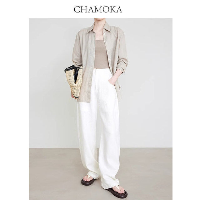 Xia Moka wears A4 waistline linen casual pants