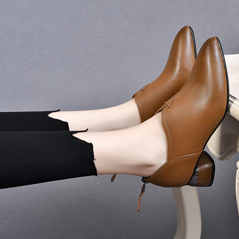 时尚休闲牛皮深口工作鞋单鞋真皮女士鞋粗跟尖头女中跟秋软皮软底,淘宝优惠券,粉丝福利购,淘宝优惠卷