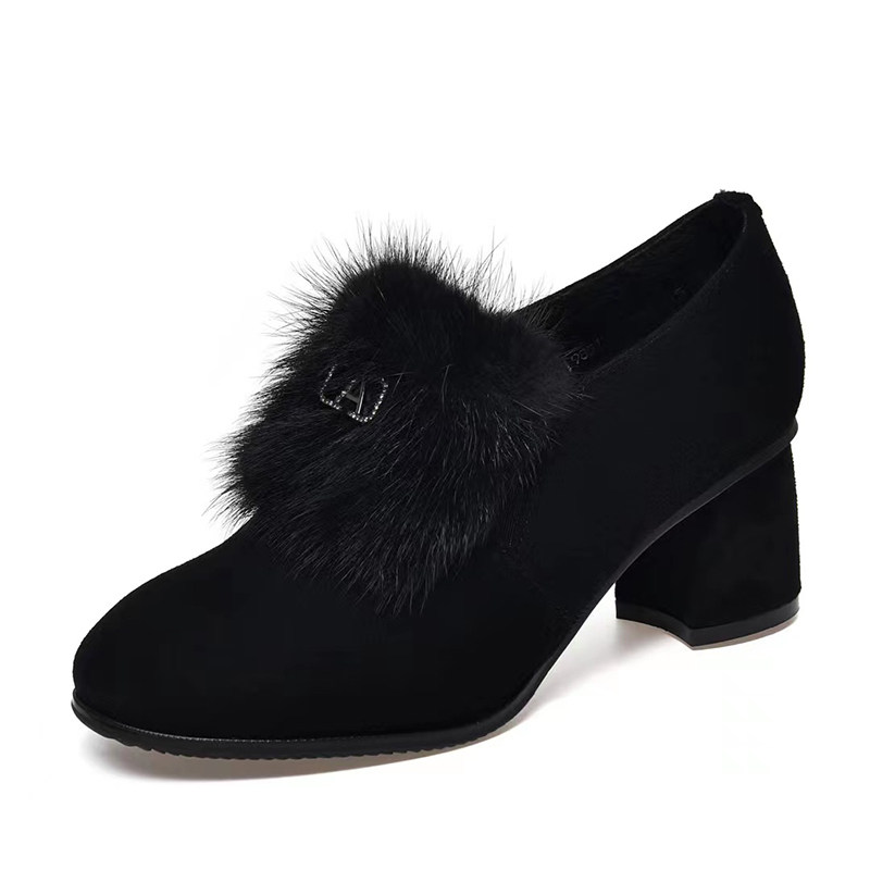 时尚休闲冬季加绒加厚保暖女士真皮全羊绒圆头粗跟深口单鞋毛毛鞋,淘宝优惠券,粉丝福利购,淘宝优惠卷