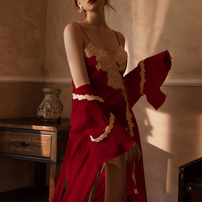 澄澈性感女士冰丝吊带两件套睡袍 澄澈睡衣/家居服套装