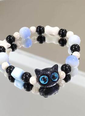 夏季新款奶块呆萌黑芝麻猫咪手串冰透渐变情侣闺蜜百搭学生手串女