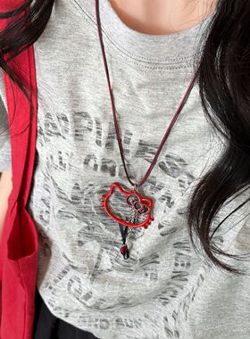 甜美少女心镂空kitty猫吊坠项链长款甜酷风锁骨链毛衣链挂脖配饰