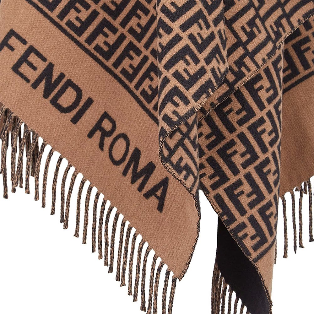 自营欧洲直邮FENDI芬迪23新款女士围巾羊毛棕色FF图案流苏 - 图2