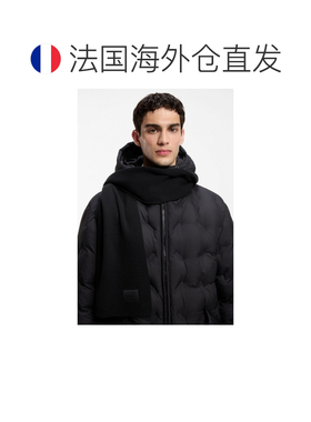 欧洲直邮自营HUGO BOSS雨果博斯 男士黑色棉质硅胶徽标针织围巾